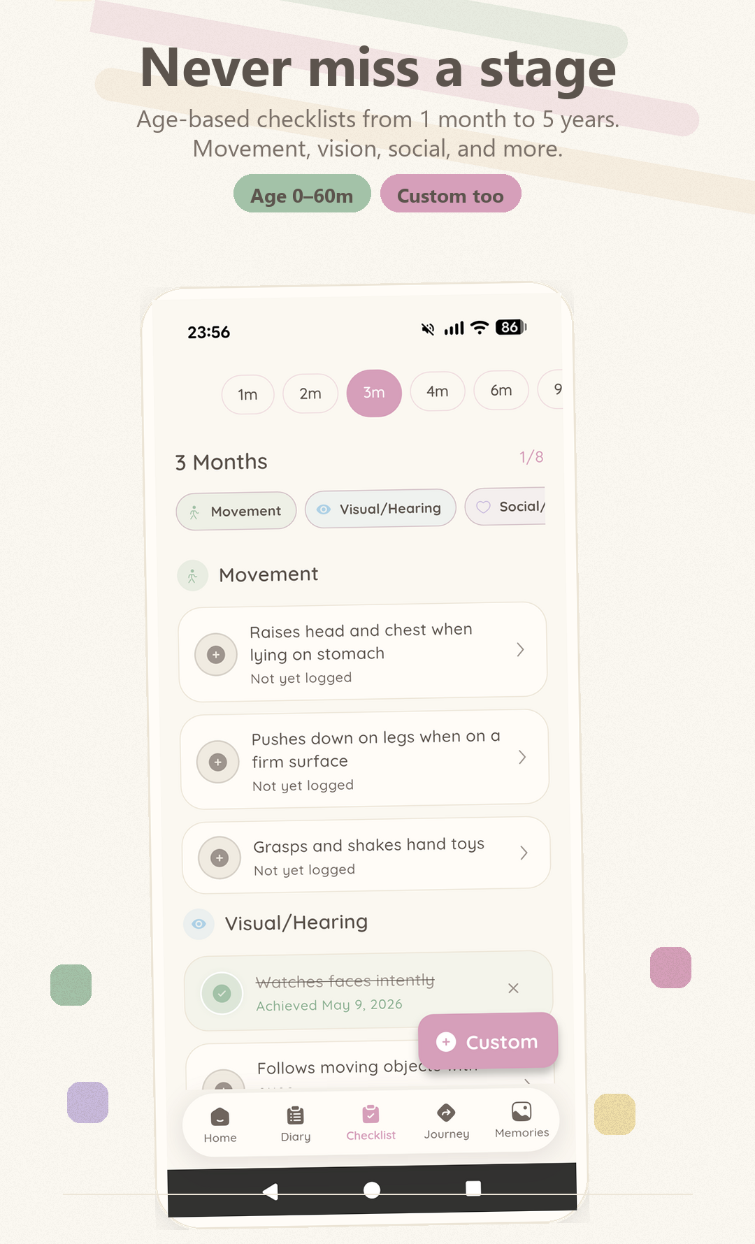 Gamu Baby age-based baby milestone checklist screen.