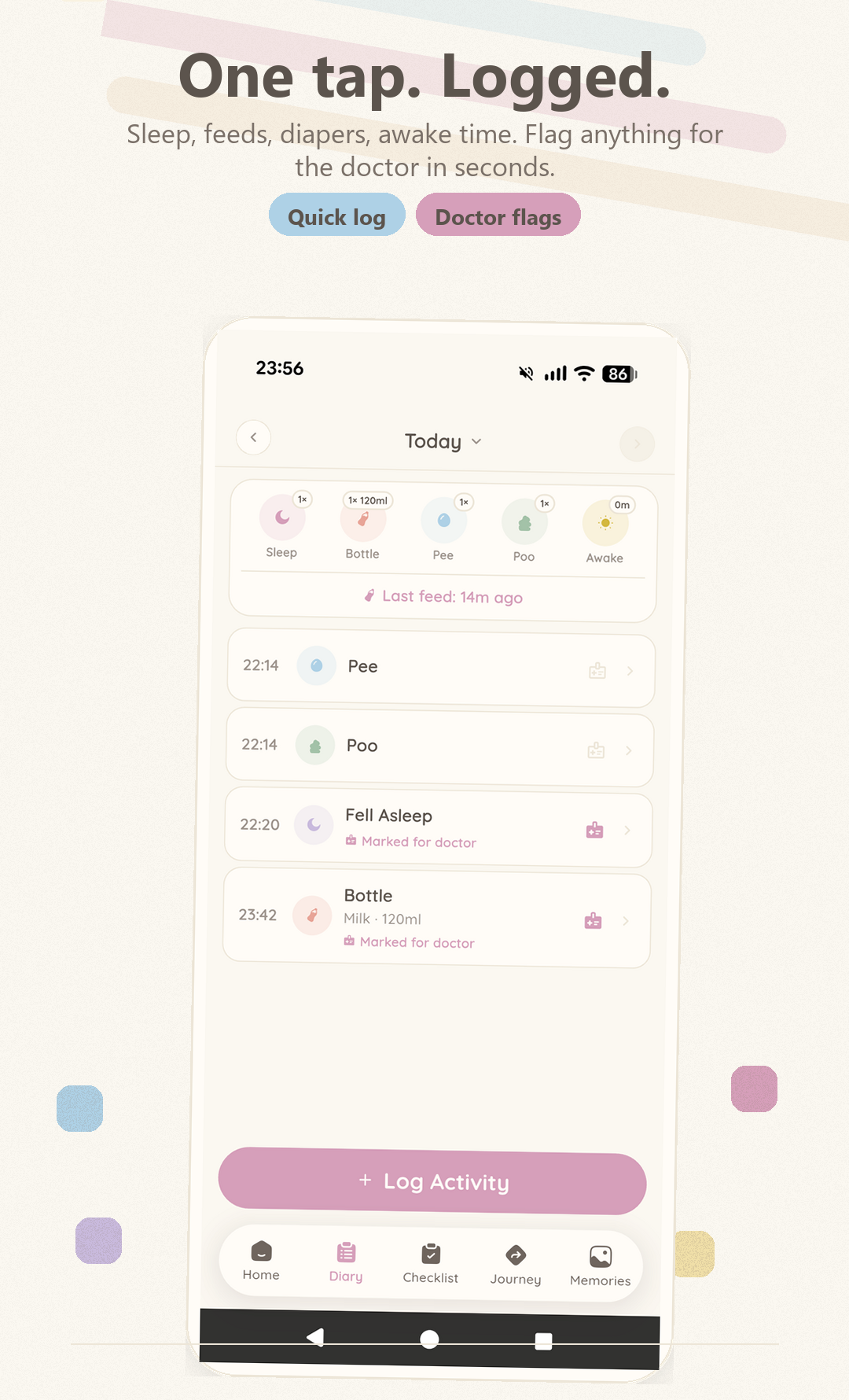Gamu Baby diary log screen for sleep, feeding, diapers, and growth records.