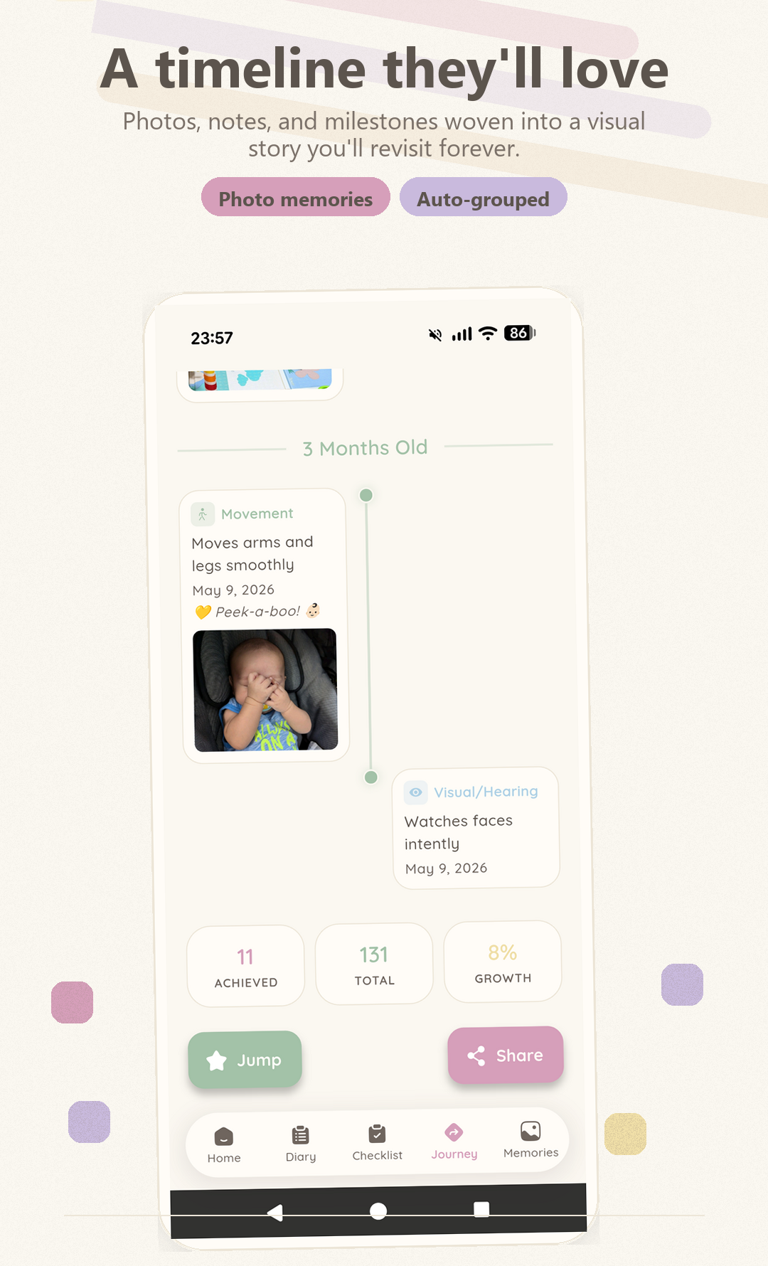 Gamu Baby Journey timeline screen