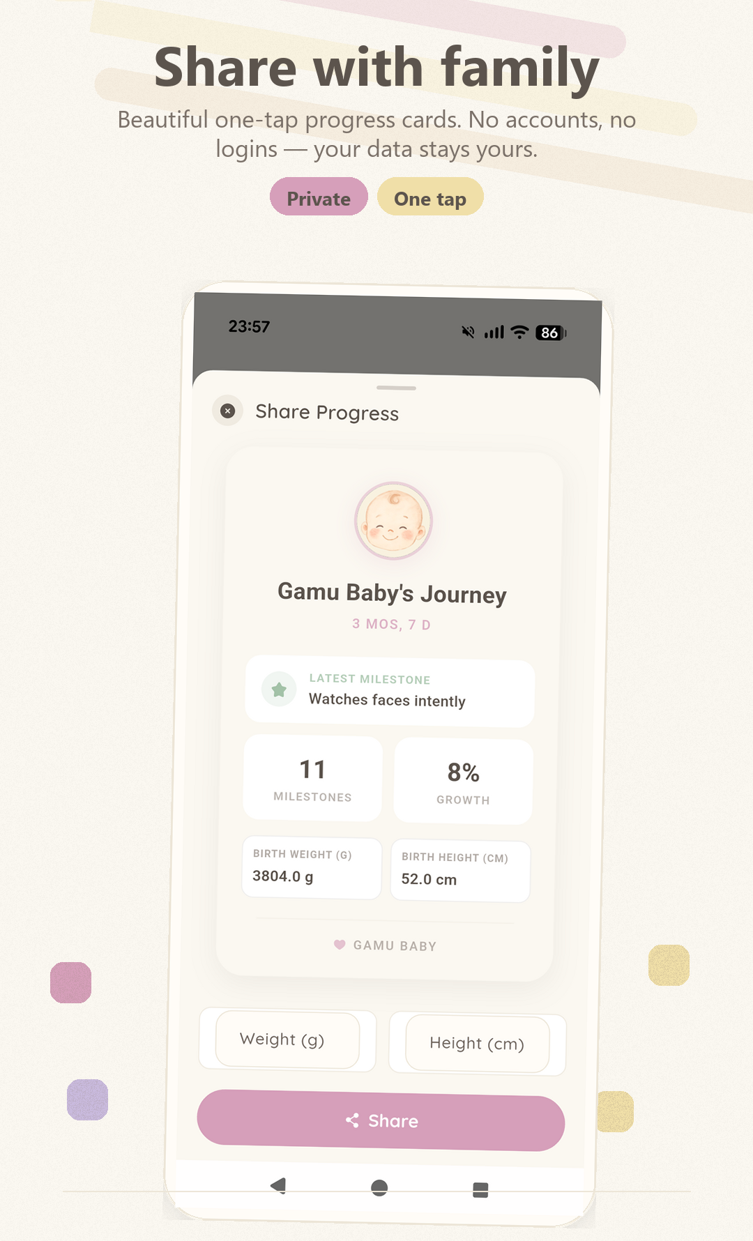 Gamu Baby shareable milestone card preview screen.
